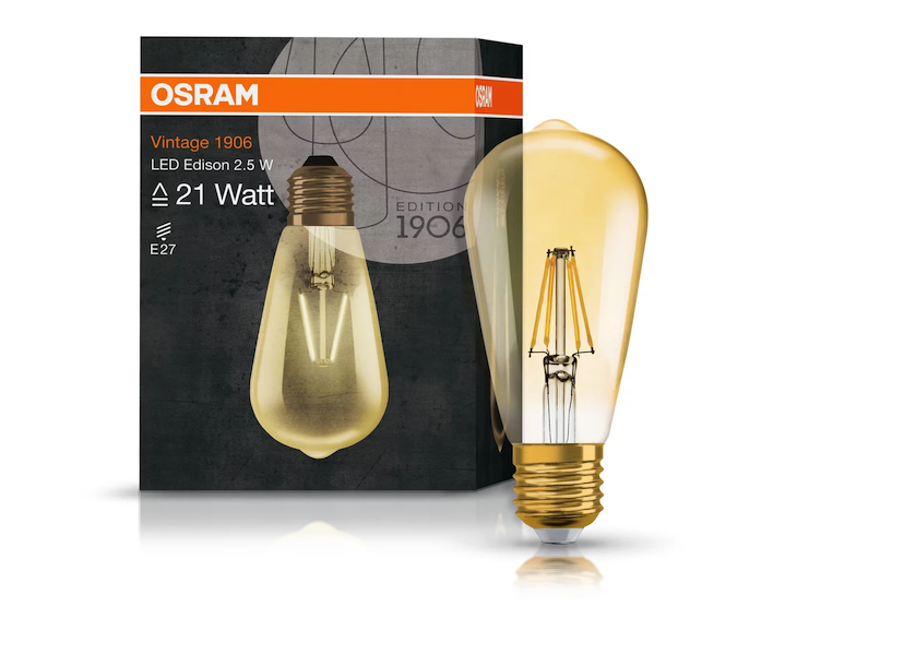 1906LED40       2.5W/824 230V FIL GOLD E27  (21W)  FS OSRAM - лампа капля винтаж - , изображение 2