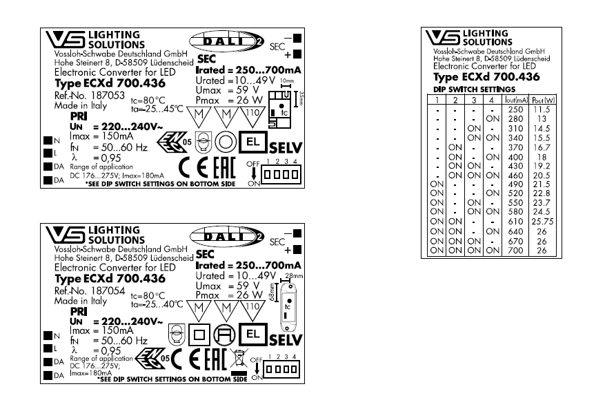 VS  26W  DALI2/DIP    250-700мА      10-44V ECXd  700.436  DIP-перекл    98x43x22мм - драйвер VS - , изображение 3