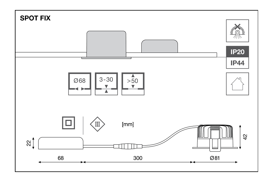 SPOT FIX 8W/927  DIM (Отсечка) 36° IP44 640Lm d81(68)x42  DIP-перекл - белый LED светильник LEDV - , изображение 6